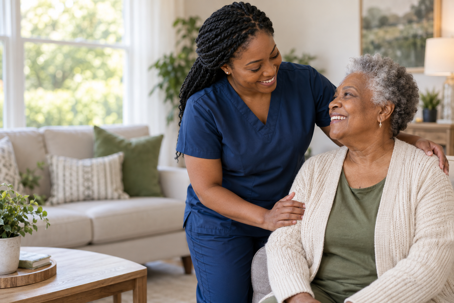 Compassionate caregiver reassuring an older adult