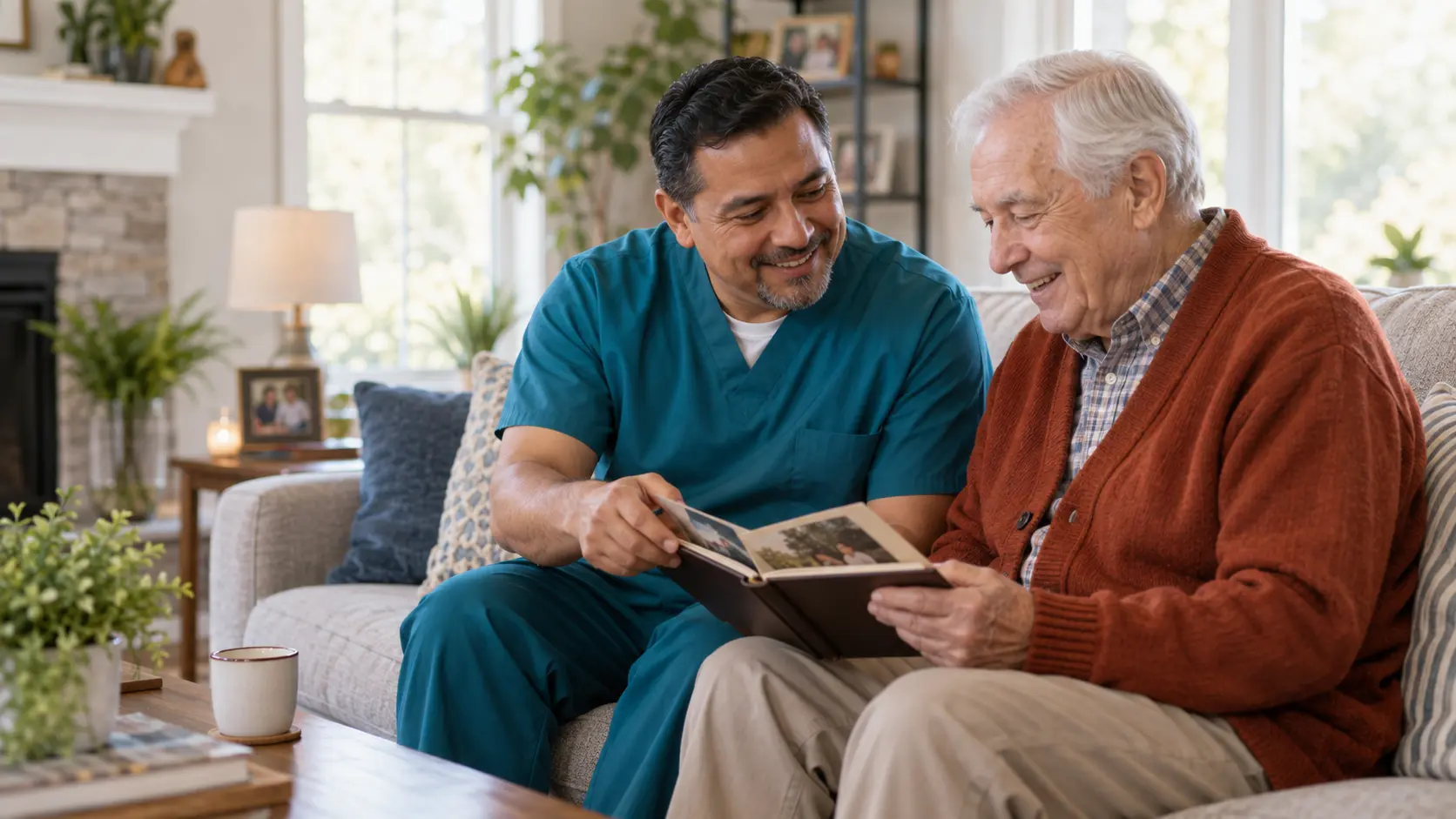 Elim's Gate caregiver sharing a family photo album with an older adult at home