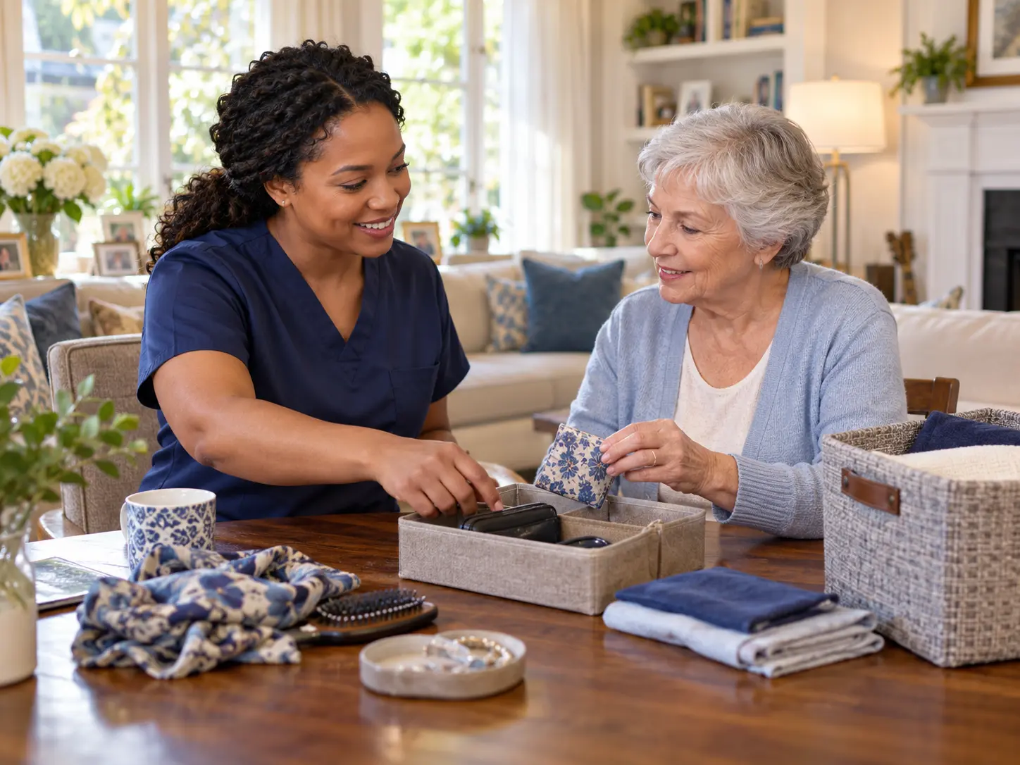 Caregiver supporting an older adult with activities of daily living