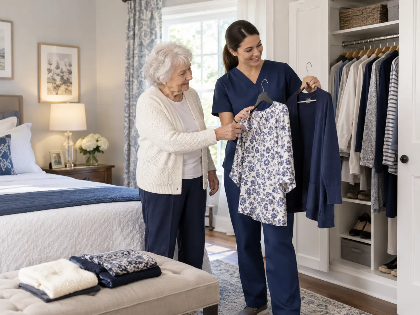 Caregiver helping an older adult select clothing