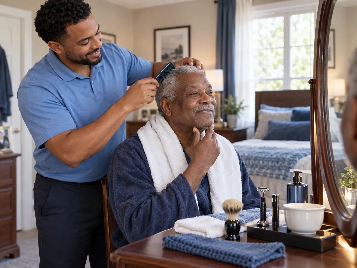 Caregiver assisting an older adult with haircare and shaving