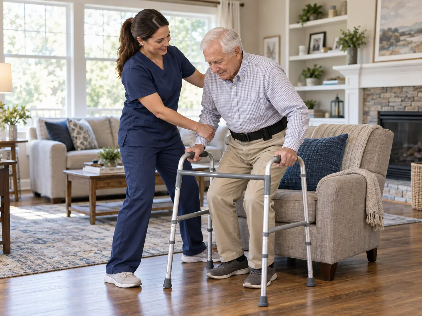 Caregiver safely supporting an older adult with mobility at home