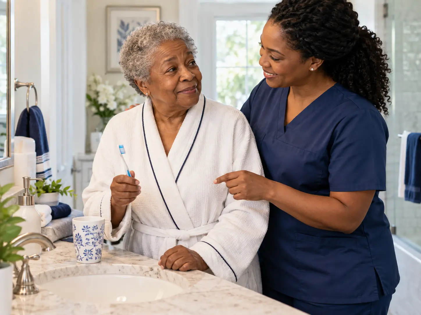 Caregiver offering oral hygiene reminders and support