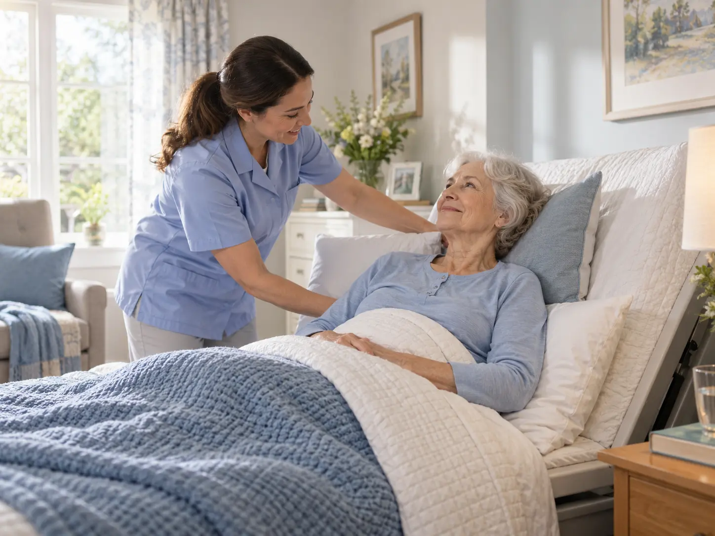 Caregiver repositioning an older adult comfortably with pillows