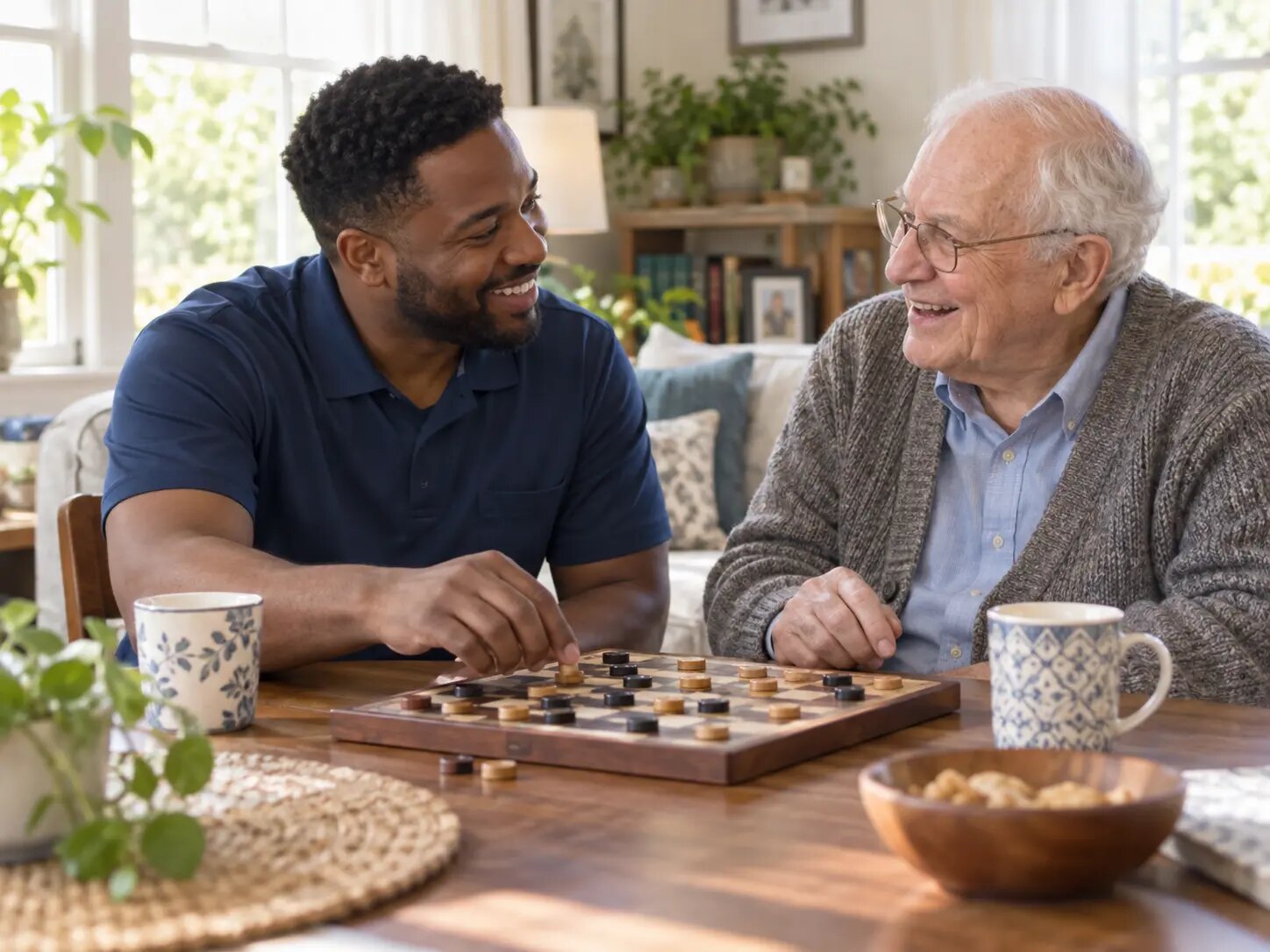 Caregiver and older adult enjoying a board game and conversation