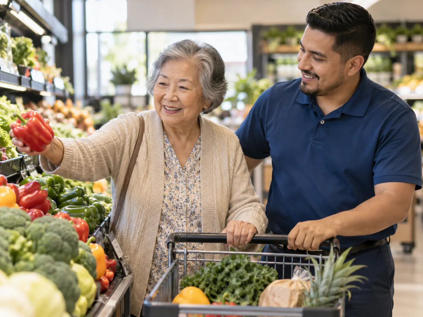 Caregiver accompanying an older adult while grocery shopping