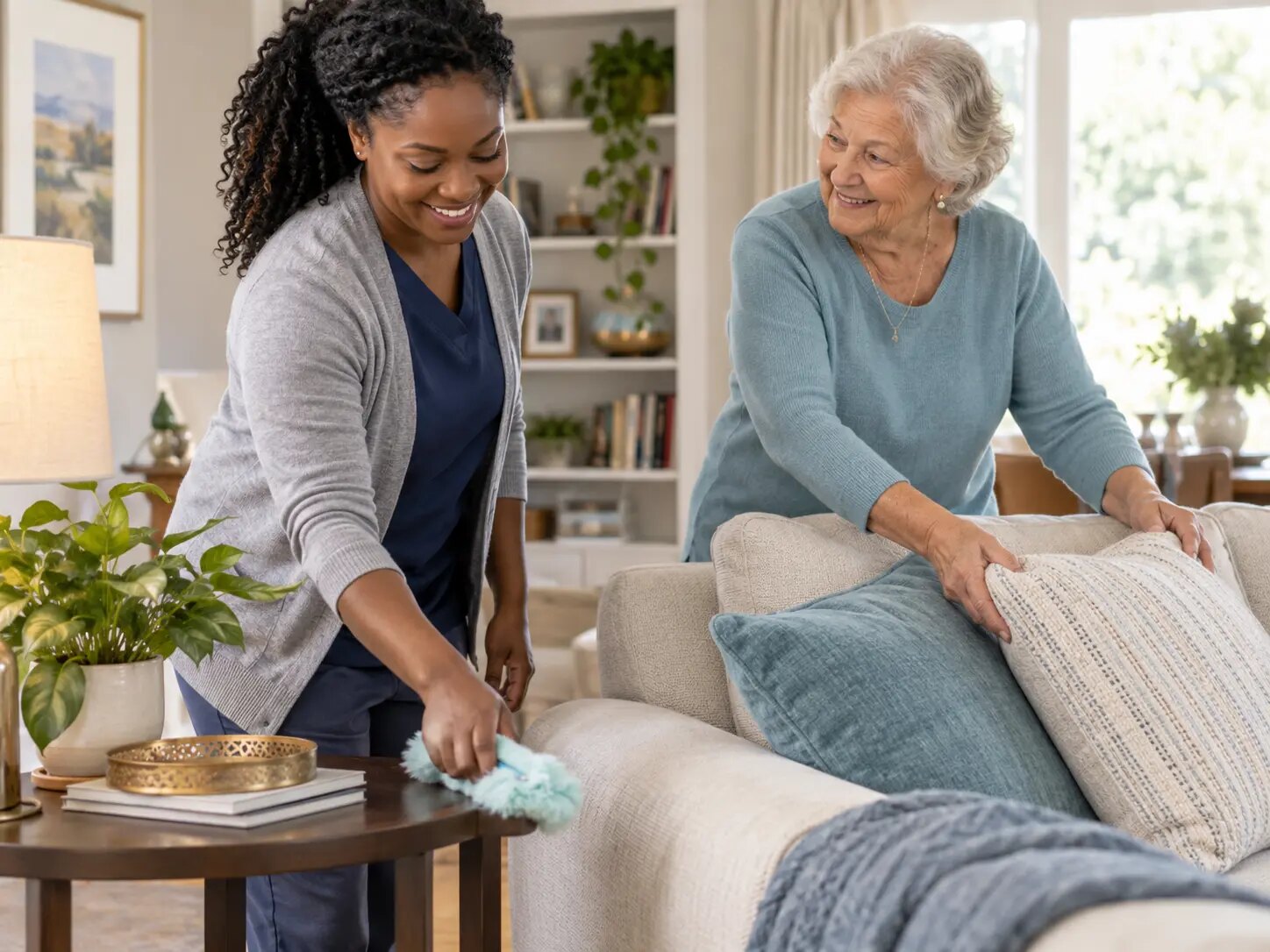 Caregiver and older adult completing light housekeeping together