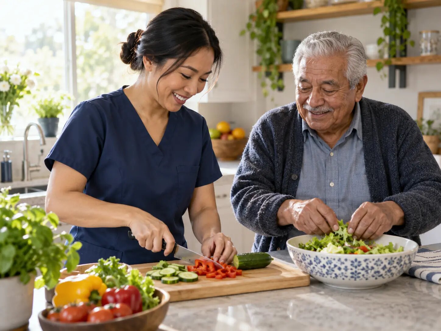 Caregiver and older adult preparing a fresh light meal