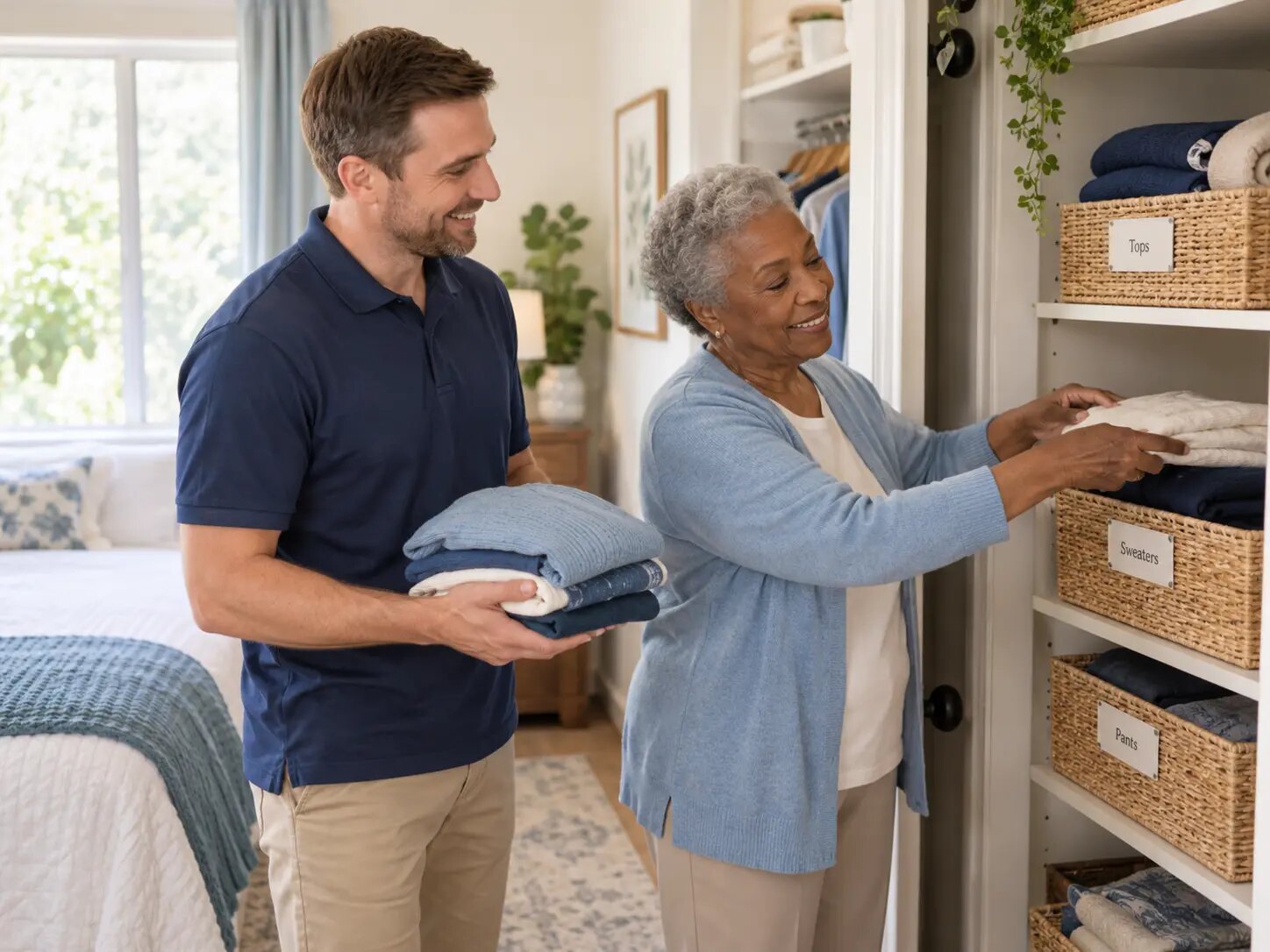 Caregiver helping an older adult organize clothing and storage
