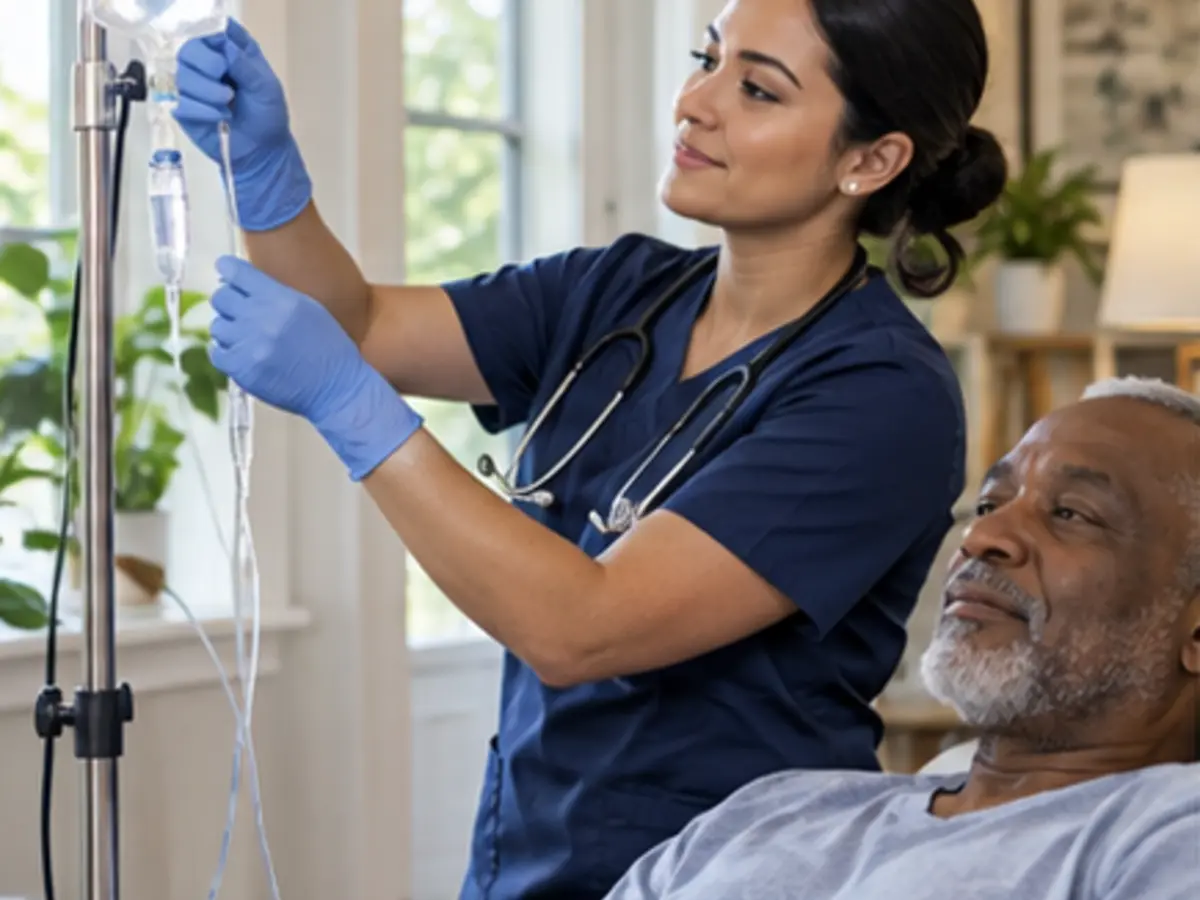 Nurse managing prescribed IV therapy at home