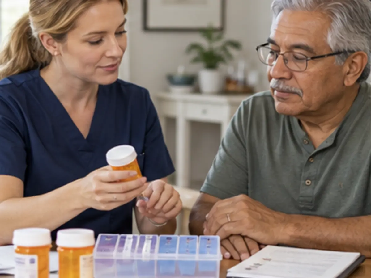 Nurse reviewing prescribed medication with a patient