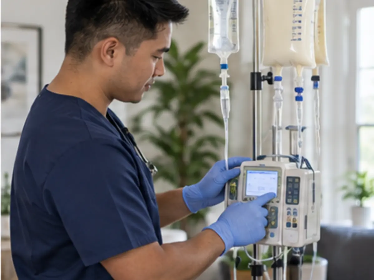Nurse checking total parenteral nutrition infusion equipment