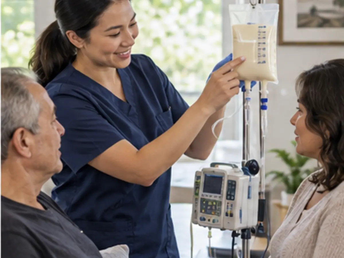 Nurse educating a patient and caregiver about home feeding support