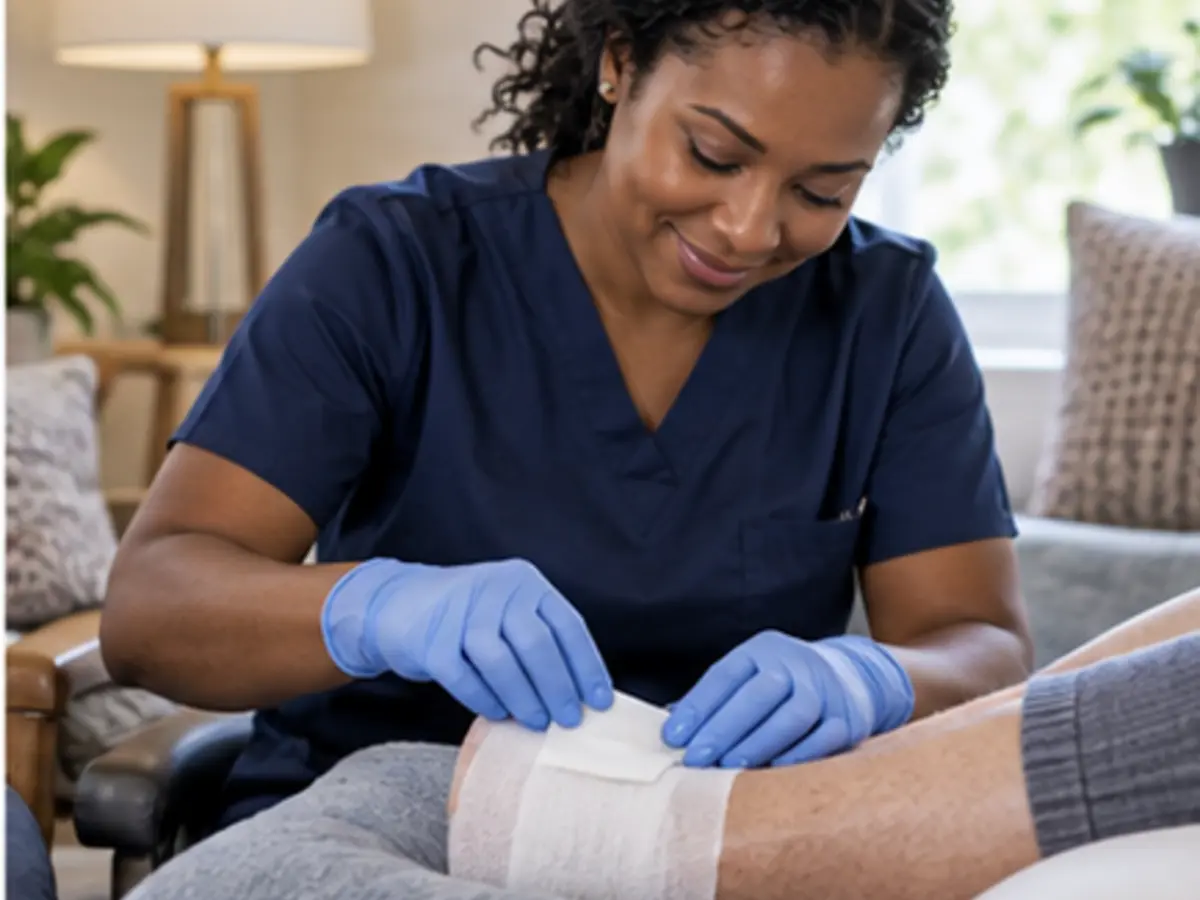 Nurse applying a clean wound dressing